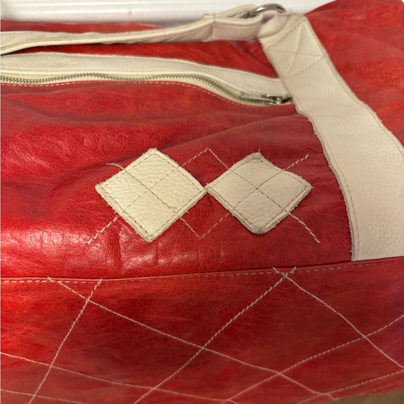 Vintage Large Red and Cream Men's‎ Leather Bag “Suncadia” Logo w/ Argile Detail - Picture 9 of 14
